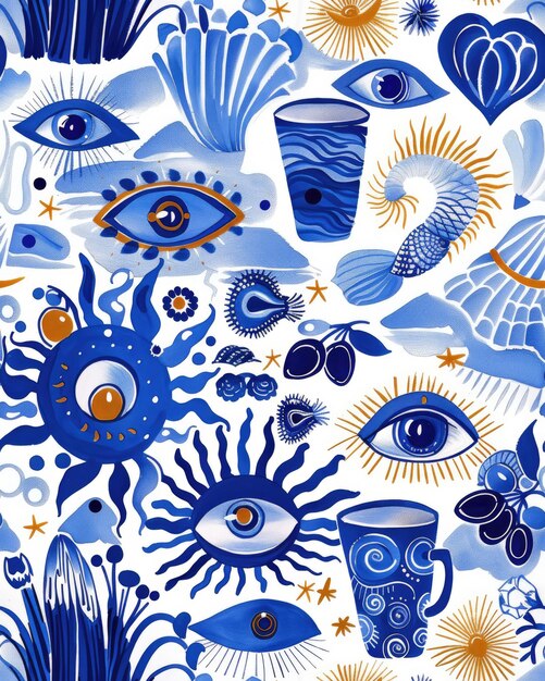 a blue and white painting of blue and orange eye and a blue vase with the words quot eye quot
