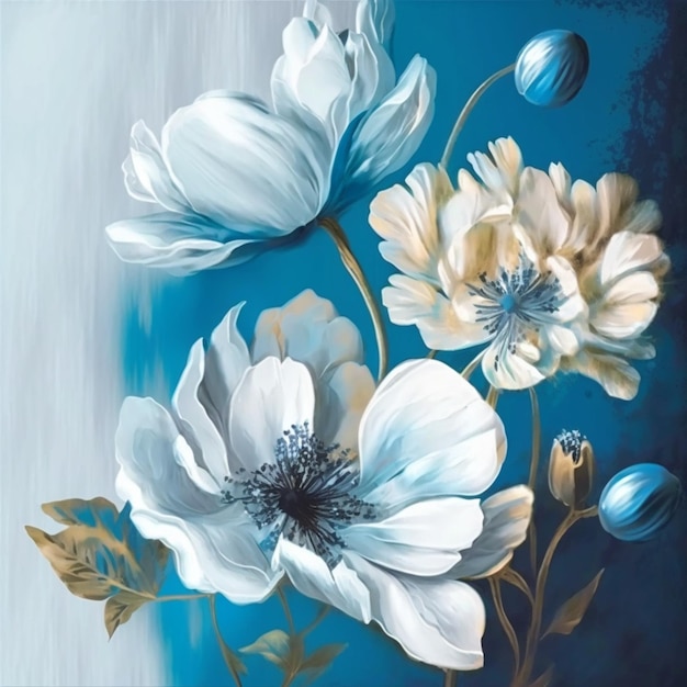 A blue and white painting of flowers.