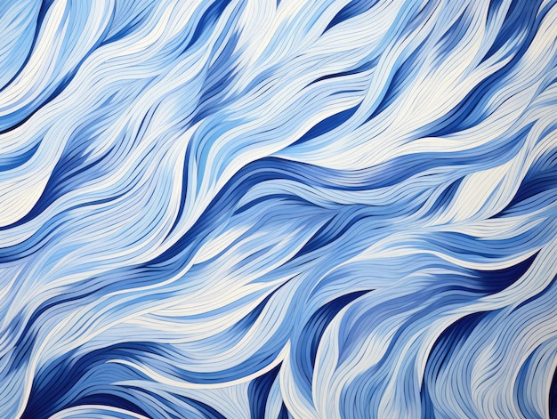 Blue and white painting of wavy lines