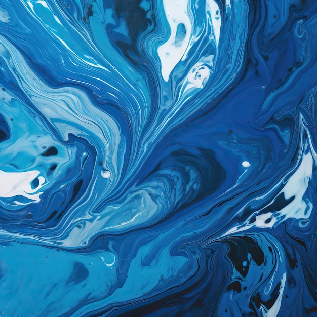 A blue and white painting with a swirl of paint and a white background.