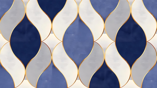 a blue and white pattern of a white and gold geometrical tiles