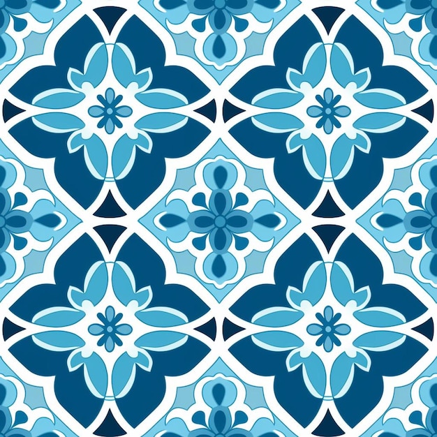 青と白のパターンと青の花のデザイン.