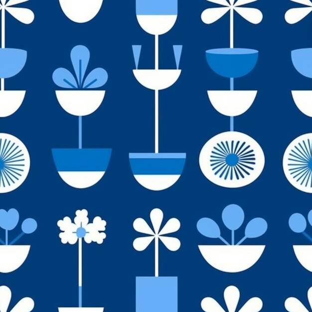 Photo a blue and white pattern with flowers and plants on it generative ai