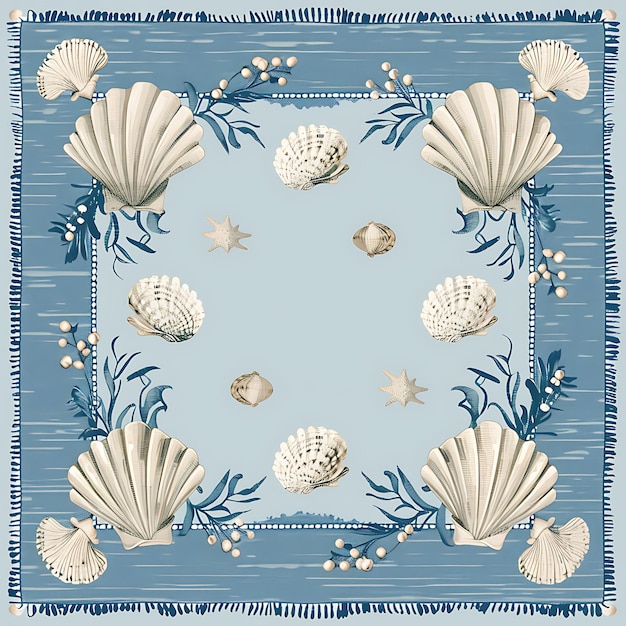 a blue and white pattern with shells and seashells