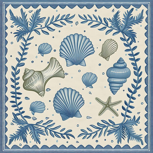 синий и белый рисунок с ракушками и морскими звездами
