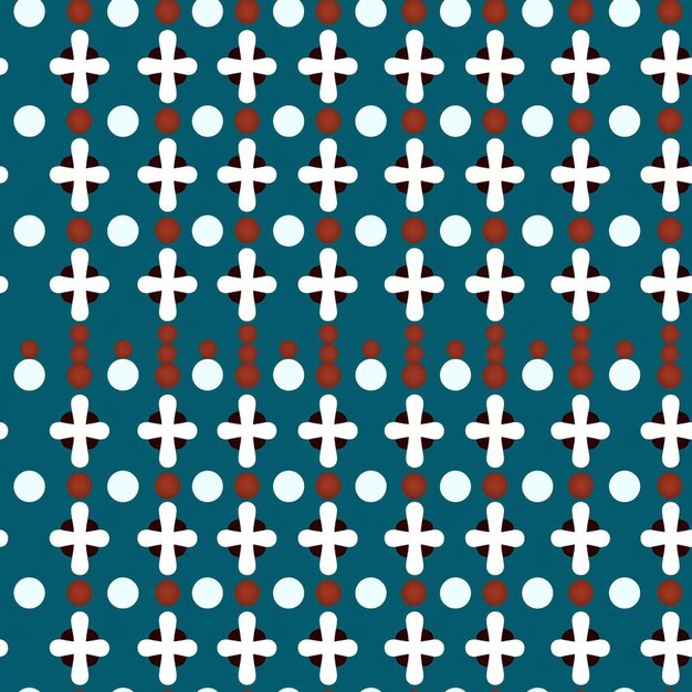 A blue and white pattern with white dots and a black and white cross.