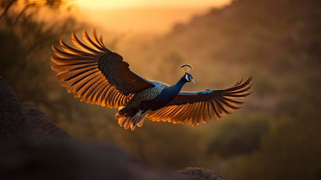 A blue and white peacock with a long beak flies in the air