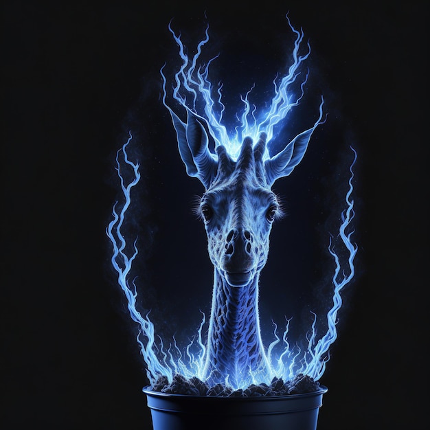 A blue and white picture of a giraffe with a head in a pot with lightning.