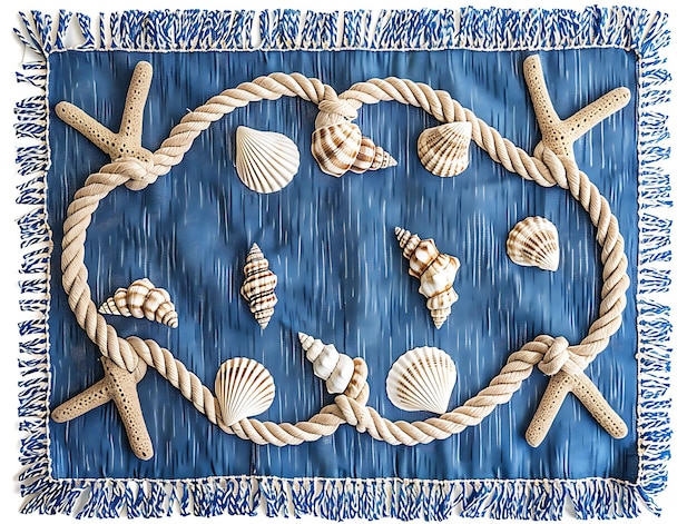 a blue and white piece of rope with shells on it