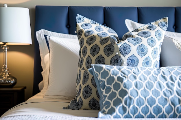 Blue and white pillows are used as bedside decorations in the bedroom