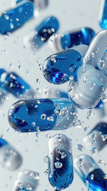 Blue and White Pills Falling in Water