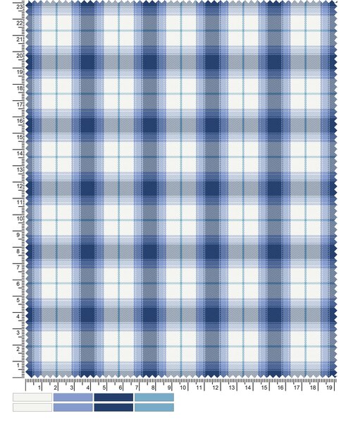 Blue and white plaid fabric that says blue plaid.