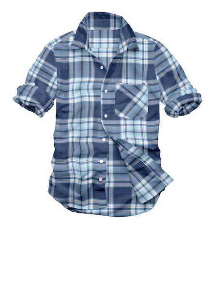 A blue and white plaid shirt hangs on a white background.