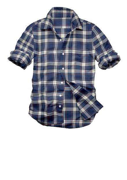 A blue and white plaid shirt is hanging on a white background.