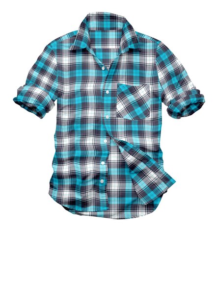 A blue and white plaid shirt is hanging on a white background.