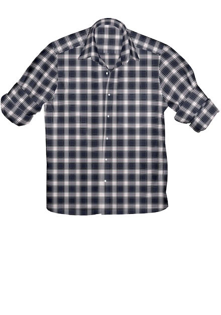 A blue and white plaid shirt with a black and white pattern