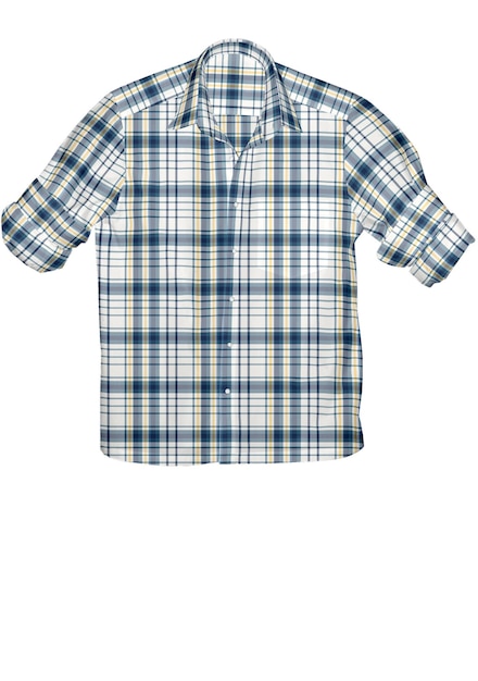 A blue and white plaid shirt with a white background