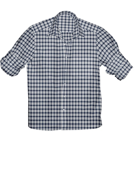 A blue and white plaid shirt with a white collar.