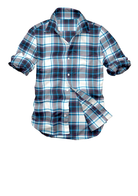 A blue and white plaid shirt with the word " on it " on the bottom.