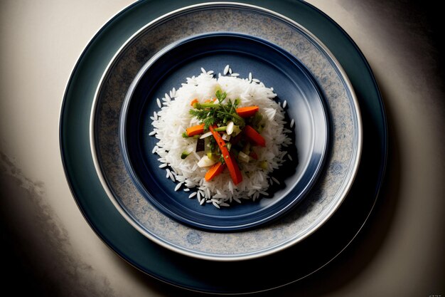 Голубо-белая тарелка с рисом и овощами