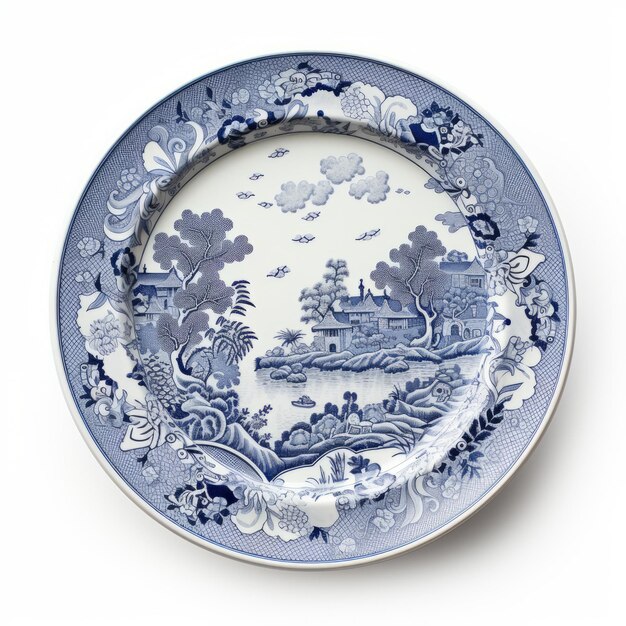 Photo blue and white plate with asian scene isolated landscapes and tabletop photography