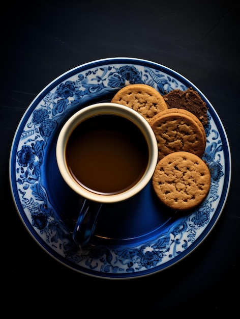 A blue and white plate with a cup of coffee and a plate of cookies