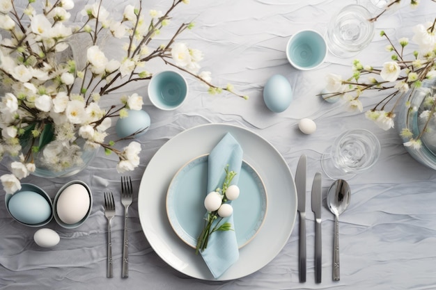 Blue and white plates and silverware on table