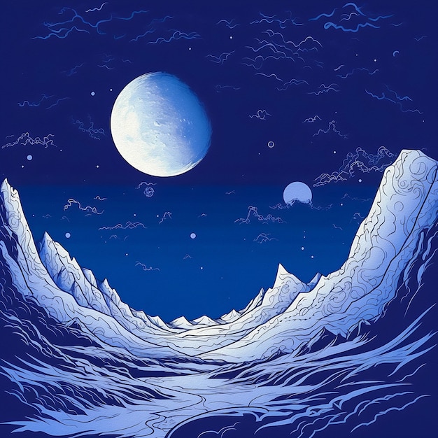 A blue and white poster with mountains and a moon in the background.