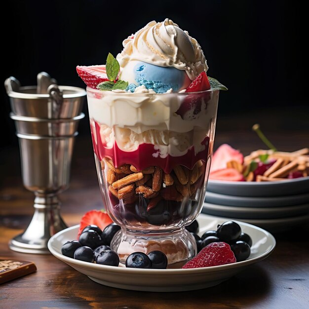 Blue white red ice cream color in the cup with fruit under it isolated on black