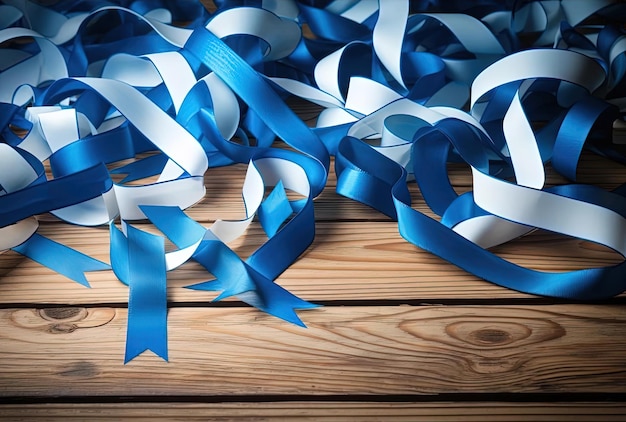 Photo blue and white ribbons against the wood background