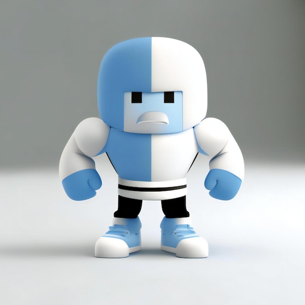 a blue and white robot with a black belt on it