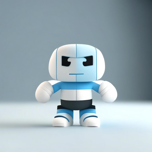 a blue and white robot with a black shirt on it