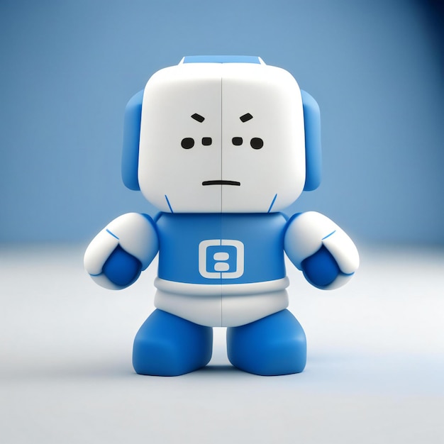 Photo a blue and white robot with a blue shirt that says 