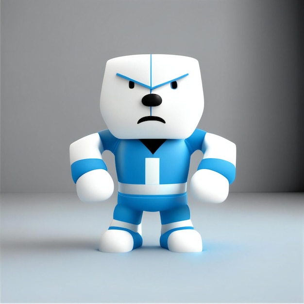 a blue and white robot with a blue and white shirt that says'i'm a '