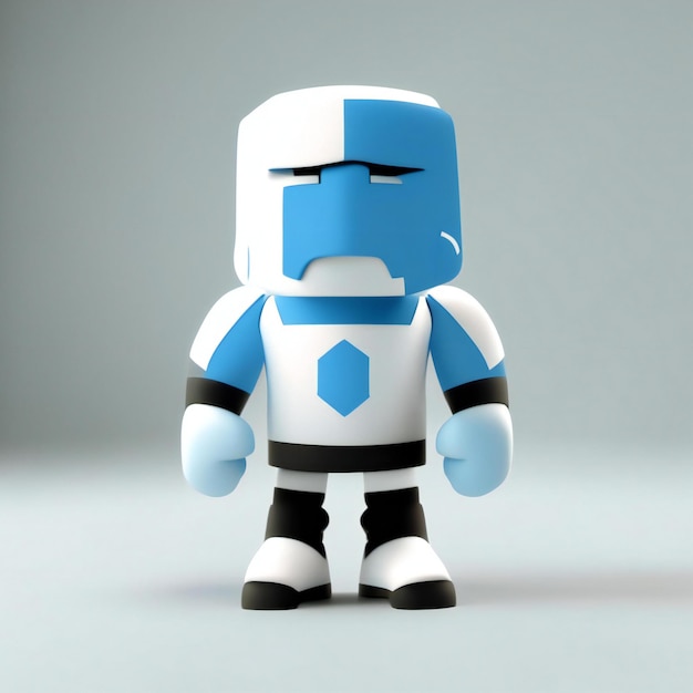 a blue and white robot with a blue and white suit on it