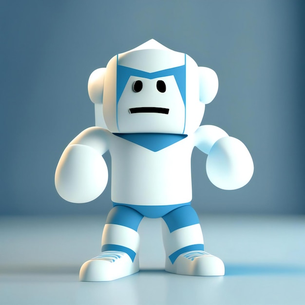 a blue and white robot with a sad face.