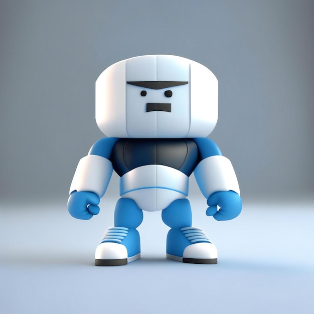 a blue and white robot with a sad face.