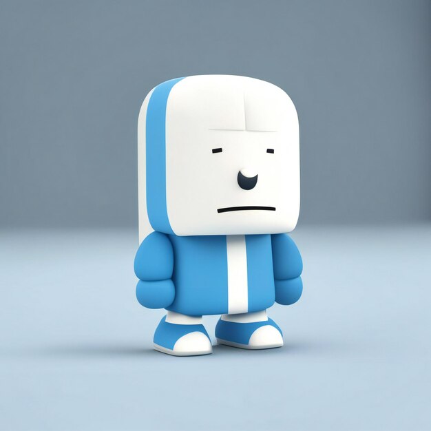 a blue and white robot with a sad face.