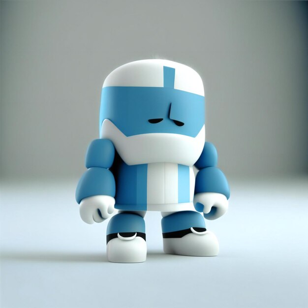 a blue and white robot with a white face and a blue band around his neck.