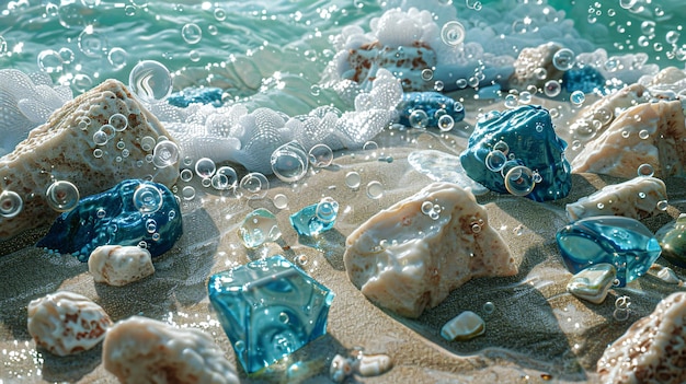 Blue and white sea glass nestled amidst rocks and semiprecious stones