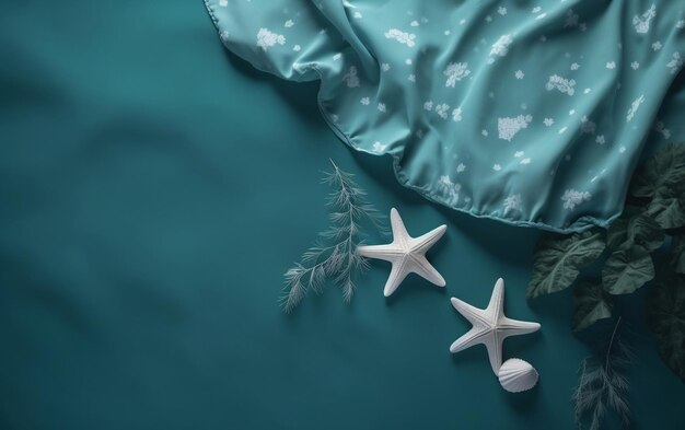 A blue and white sea shell and starfish on a bed