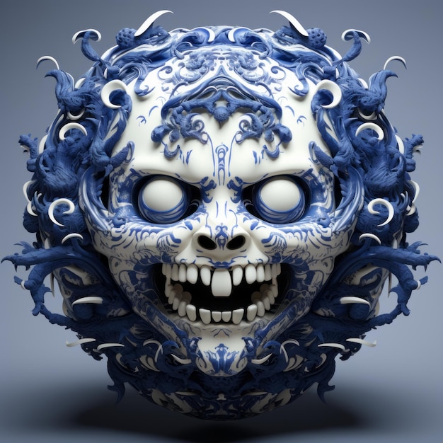 a blue and white skull with tentacles on it