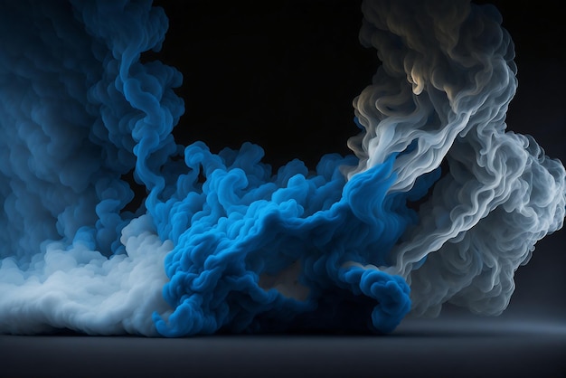 A blue and white smoke cloud is shown against a black background.