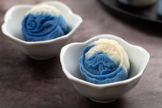 Blue white snowskin moon cake