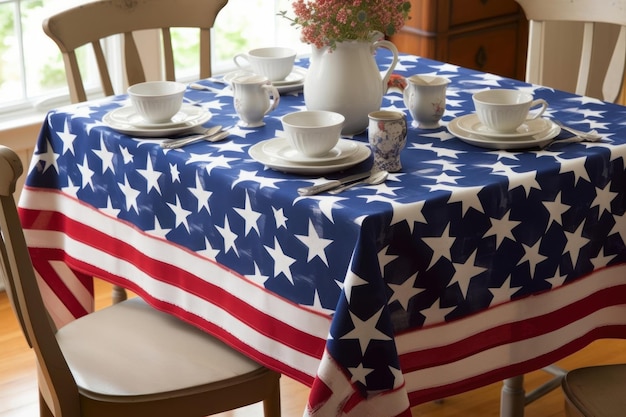 テーブルを覆う青と白の星空のテーブル クロス 生成 AI