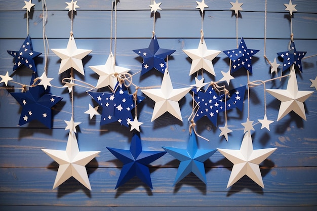 blue and white stars hanging on strings wooden background