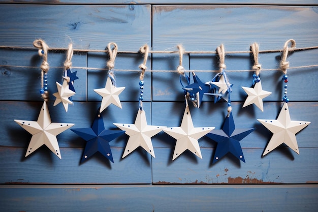 синие и белые звезды, висящие на струнах на деревянном фоне