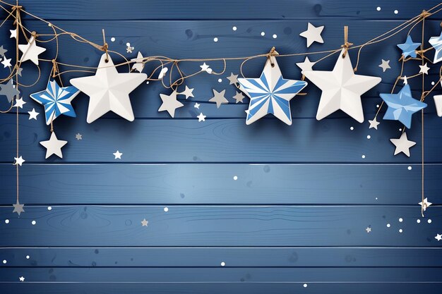 blue and white stars hanging on strings wooden background