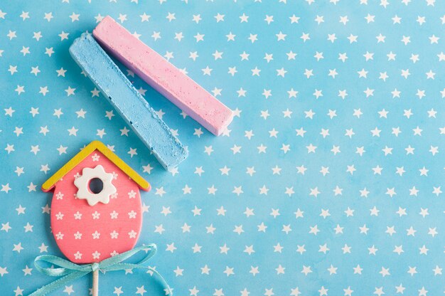 Blue white stars with pink bird house