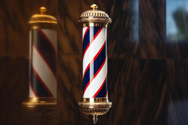 Photo a blue and white striped barber shop stand with a red and white striped barbershop.